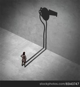 Female whistleblower and workplace legal complainer as a woman standing with a shadow of a whistle as an exposing work crime metaphor with 3D illustration elements.