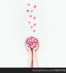 Female women hand holding water bowl with pink flowers on white desk with petals, top view. Beauty and skin care concept. Minimal. Flat lay. Layout