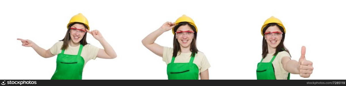 Female worker wearing coverall isolated on white