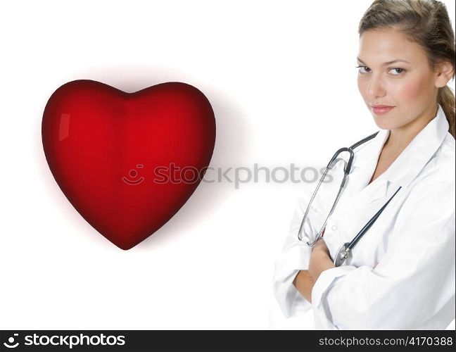 female young doctor standing near group of people on an isolated white background