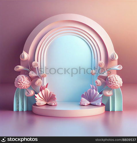 Feminine and elegant 3d podium illustration with abstract flower ornament for product display