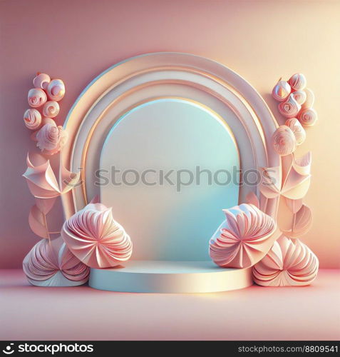 Feminine and elegant 3d podium illustration with abstract flower ornament for product display