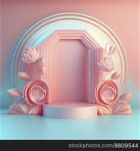 Feminine and elegant 3d podium illustration with abstract flower ornament for product display