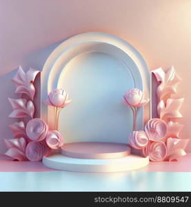 Feminine and elegant 3d podium illustration with abstract flower ornament for product display