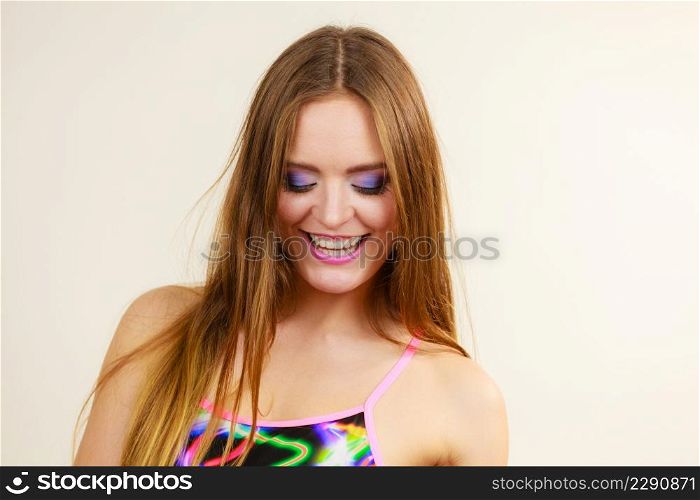 Feminine beauty concept. Portrait of beautiful young woman with long brown hair. Portrait of beautiful young woman with brown hair