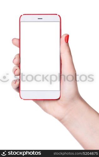 Feminine smartphone in hand. Feminine phone. Modern bezel-less smartphone with blank screen in female hand isolated on white background