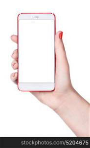 Feminine smartphone in hand. Feminine phone. Modern bezel-less smartphone with blank screen in female hand isolated on white background
