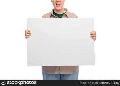 feminism and human rights concept - screaming woman with poster protesting on demonstration over white background. woman with poster protesting on demonstration