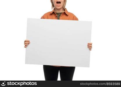 feminism and human rights concept - screaming woman with poster protesting on demonstration over white background. woman with poster protesting on demonstration