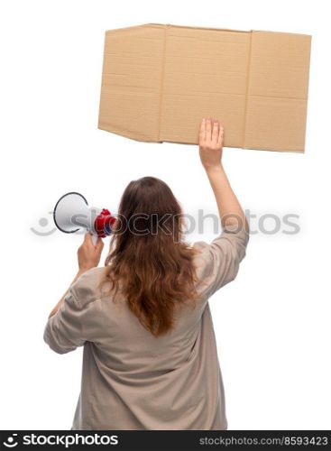 feminism and human rights concept - woman with poster and megaphone protesting on demonstration over white background. woman with megaphone protesting on demonstration