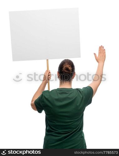 feminism and human rights concept - woman with poster protesting on demonstration and showing stop gesture over white background. woman with poster showing stop gesture