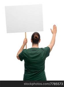 feminism and human rights concept - woman with poster protesting on demonstration and showing stop gesture over white background. woman with poster showing stop gesture
