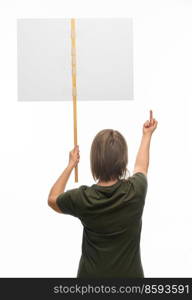 feminism and human rights concept - woman with poster protesting on demonstration and showing middle finger over white background. woman with poster protesting on demonstration