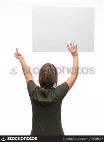 feminism and human rights concept - woman with poster protesting on demonstration and showing middle finger over white background. woman with poster protesting on demonstration
