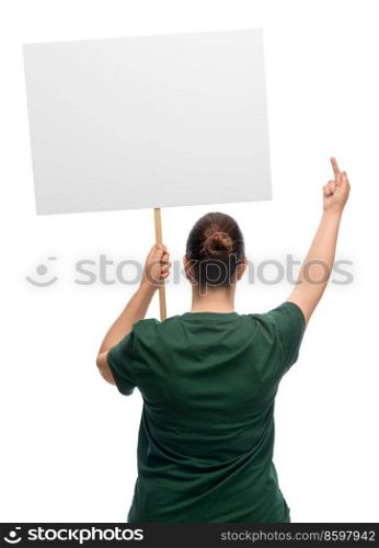 feminism and human rights concept - woman with poster protesting on demonstration and showing middle finger over white background. woman with poster protesting on demonstration