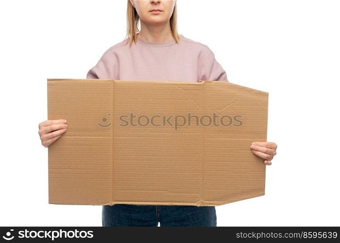 feminism and human rights concept - woman with poster protesting on demonstration over white background. woman with poster protesting on demonstration