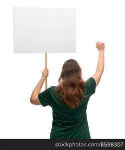 feminism and human rights concept - woman with poster protesting on demonstration over white background. woman with poster protesting on demonstration