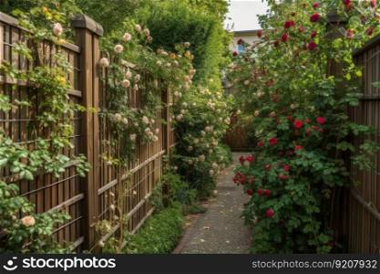 fence with trellis climbing roses and other trailing vines, created with generative ai. fence with trellis climbing roses and other trailing vines