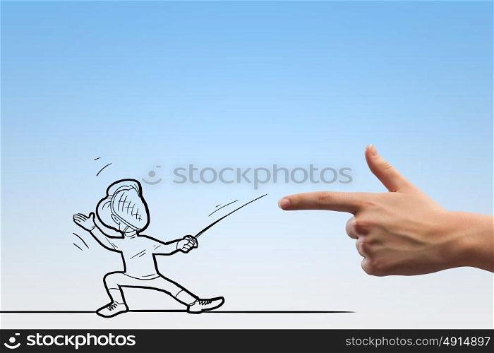 Fencing sport. Funny caricature of man fencer fighting with human hand