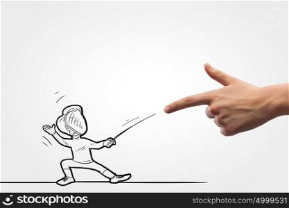 Fencing sport. Funny caricature of man fencer fighting with human hand