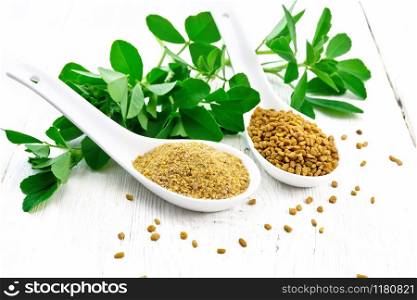 Fenugreek seeds and ground spice in two spoons and on a table with green leaves on wooden board background