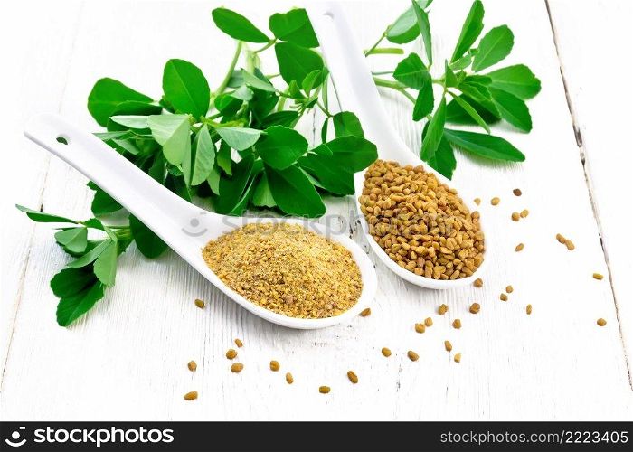 Fenugreek seeds and ground spice in two spoons and on a table with green leaves on white wooden board background