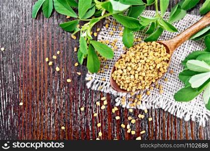Fenugreek seeds in a spoon on a burlap napkin with green leaves on wooden board background from above