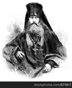 Feofan, Archimandrite of the Solovetsky monastery, vintage engraved illustration. Le Tour du Monde, Travel Journal, (1872).