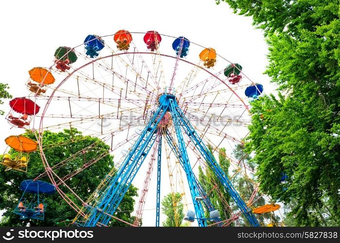 Ferris wheel in the green park isolated on white background