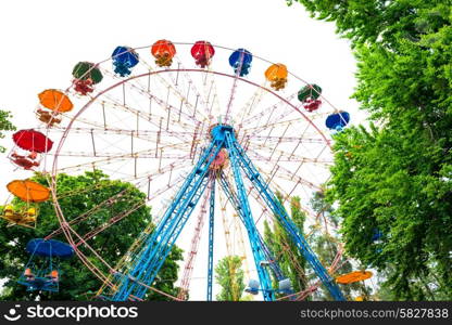 Ferris wheel in the green park isolated on white background