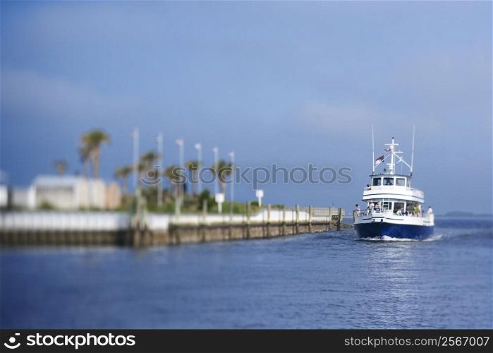 Ferry boat heading into port on Bald Head Island, North Carolina.