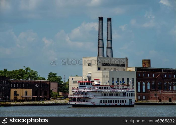 ferry floating on river in savannah georgia usa