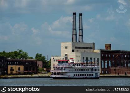 ferry floating on river in savannah georgia usa