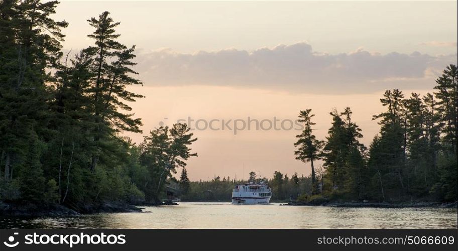 Ferry moving along the lake, Lake Of The Woods, Ontario, Canada