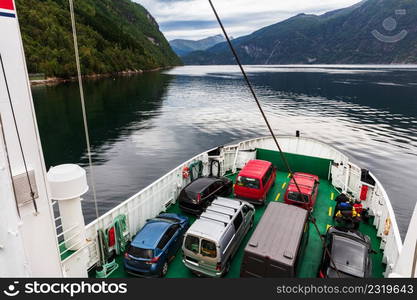 Ferry that transports cars. Fjord Norway.