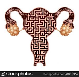 Fertility problem and infertility challenge medical concept as a human uterus shaped as a maze representing trouble getting pregnant or contraception and preventing sexually tramsmitted disease,as a 3D illustration.