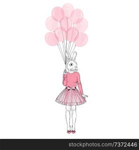 festal bunny girl with pink balloons, anthropomorphic animal illustration. animal dressed up in, anthropomorphic animal illustration