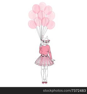 festal doggy girl with pink balloons, anthropomorphic animal illustration. animal dressed up  in, anthropomorphic animal illustration