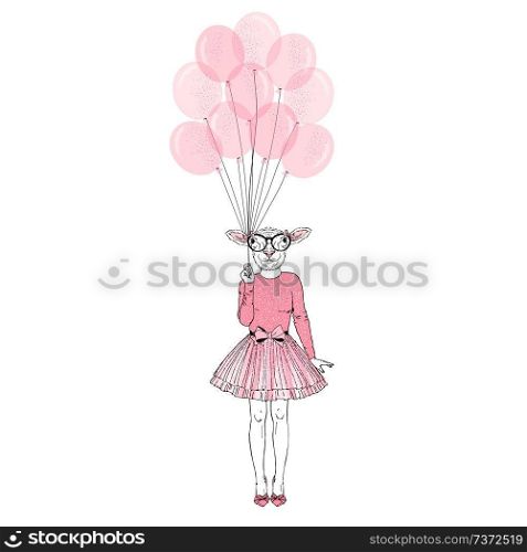 festal sheep girl with pink balloons, anthropomorphic animal illustration. animal dressed up  in, anthropomorphic animal illustration