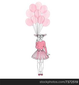 festal sheep girl with pink balloons, anthropomorphic animal illustration. animal dressed up  in, anthropomorphic animal illustration