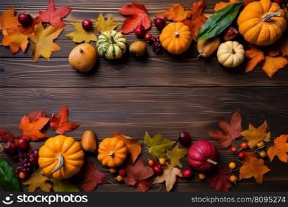 Festive autumn decor on wood. Rustic garden. Generate Ai. Festive autumn decor on wood. Generate Ai