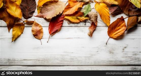 Festive autumn leaves decor on white wooden table with copy space , Textured vintage background , Generate Ai