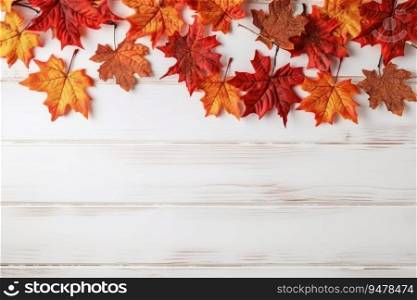 Festive autumn leaves decor on white wooden table with copy space , Textured vintage background. Generative AI