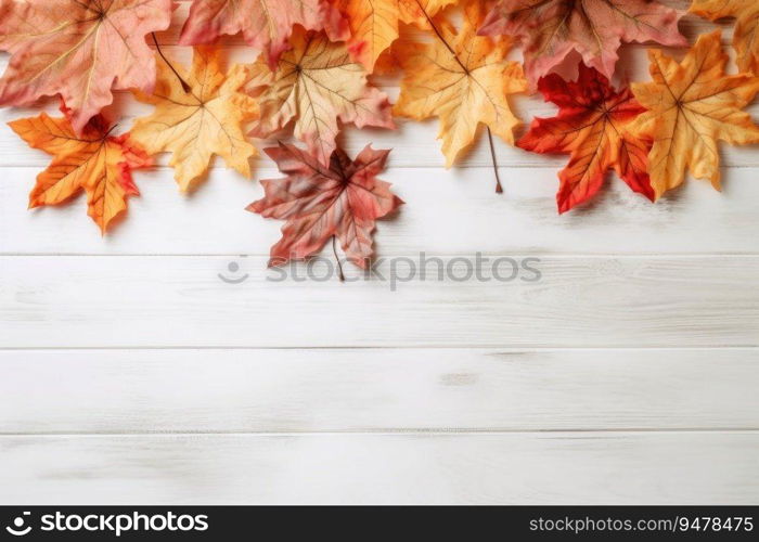 Festive autumn leaves decor on white wooden table with copy space , Textured vintage background. Generative AI