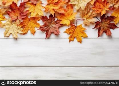 Festive autumn leaves decor on white wooden table with copy space , Textured vintage background. Generative AI