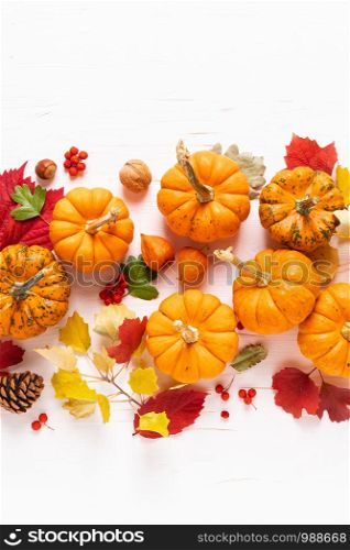 Festive autumn pumpkins decor with fall leaves, berries, nuts on white background. Thanksgiving day or halloween holiday, harvest concept. Top view flat lay composition with copy space for greeting
