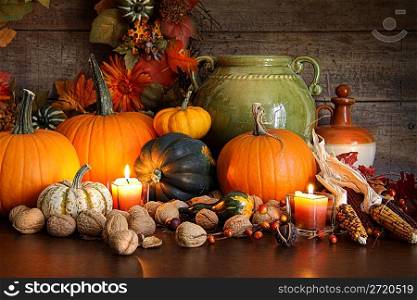 Festive autumn variety of gourds and pumpkins
