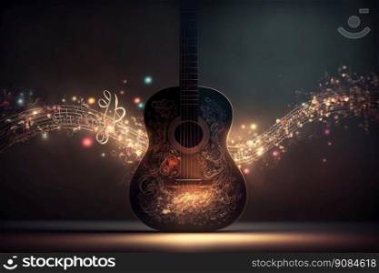 Festive background with guitar and musical notes. Illustration Generative AI. Festive background with guitar and musical notes. Illustration AI Generative