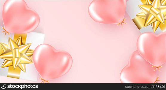 Festive banner with pink helium balloons. Frame composition with space for your text. Romantic background. Valentine&rsquo;s day concept .
