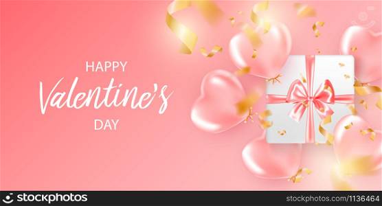 Festive banner with pink helium balloons. Frame composition with space for your text. Romantic background. Valentine&rsquo;s day concept .